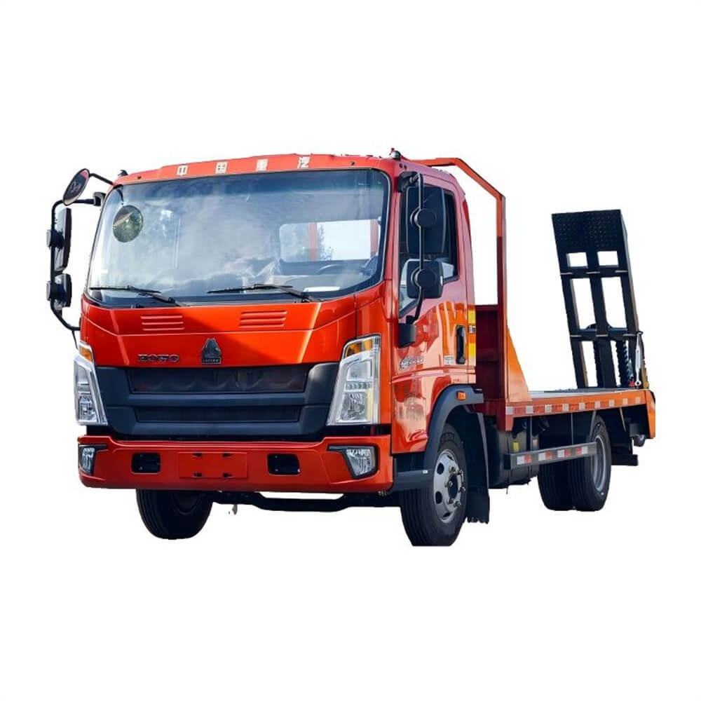 A Light HOWo Flatbed Truck with a Rear Ladder for Transporting Small Excavators